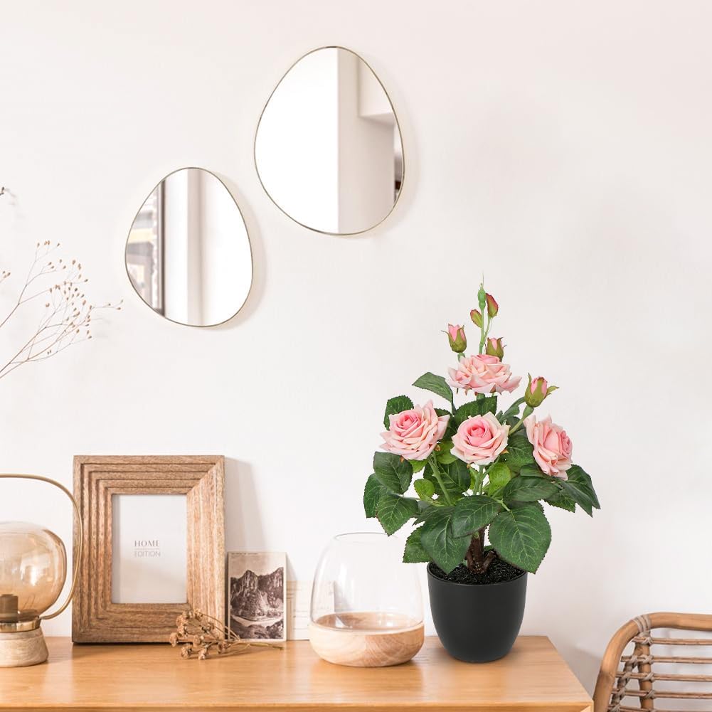 Hollyone Artificial Plants & Flowers in Vase Pink Roses Artificial Flowers Potted Plant Faux Silk Flower with Pot Fake Rose Flower Arrangement Home Decor Office Bathroom Shelf Desk Decoration 15 Inch - Image 5