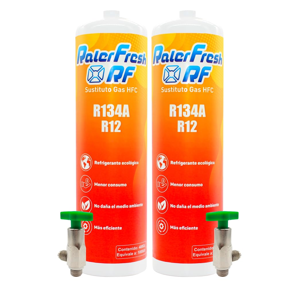 Gas refrigerante organico per aria condizionata auto Ralerfresh RF equivalente a 1000gr sostituto dei gas R134a e R12 (2 bottiglie + Manometro con tubo + 1 connettore)
