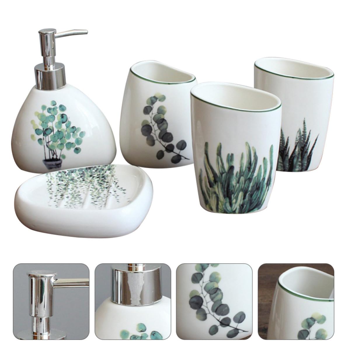 KICHOUSE Elegantes Lotionflasche Badezimmer Zubehör aus Keramik 5 Stück mit 3 Zahnputzbechern und Seifenschale Tragbarer Organizer Zufällige Farbe für Stilvolles Bad