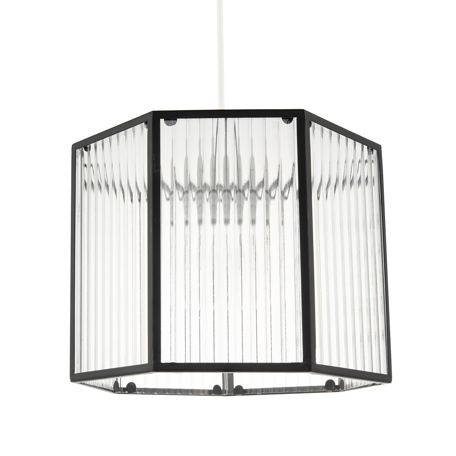 Vintage Industrial Metal Lantern Pendant Lighting Shade in Matte Black with Clear Ribbed Glass Panels | 26cm x 21cm by Happy Homewares