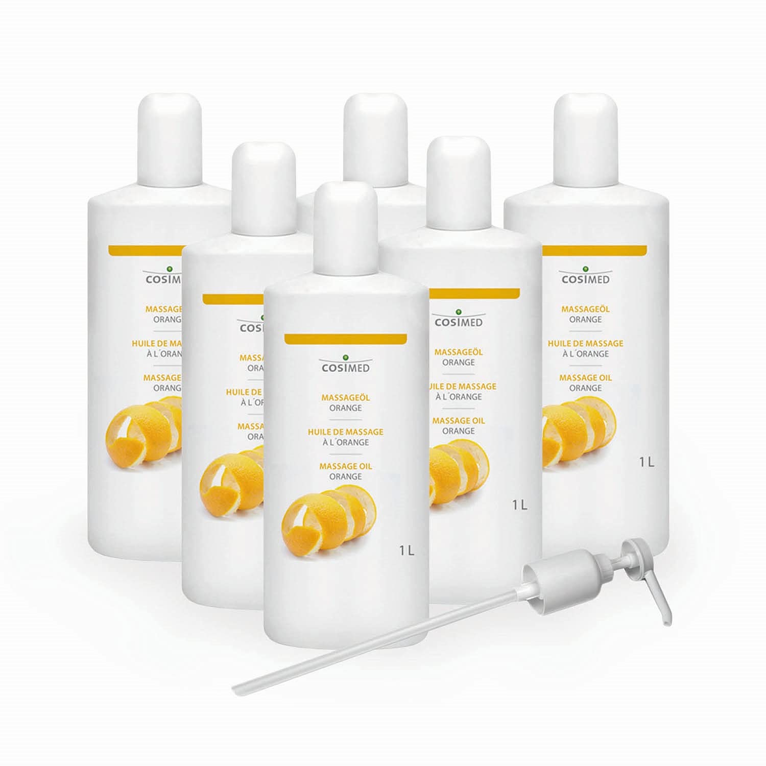 cosiMed Massageöl Orange | Bundle 6 x 1L | ergiebig & griffsicher | Made in Germany | inkl. Dosierpumpe