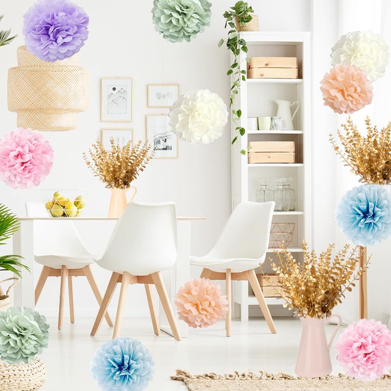 Image of Pastel Rainbow Party Decorations in Colorful Tissue Paper Pom Poms Blush Pink Purple Peach Mint Light Blue Baby Bridal Shower Decorations (Macaron)