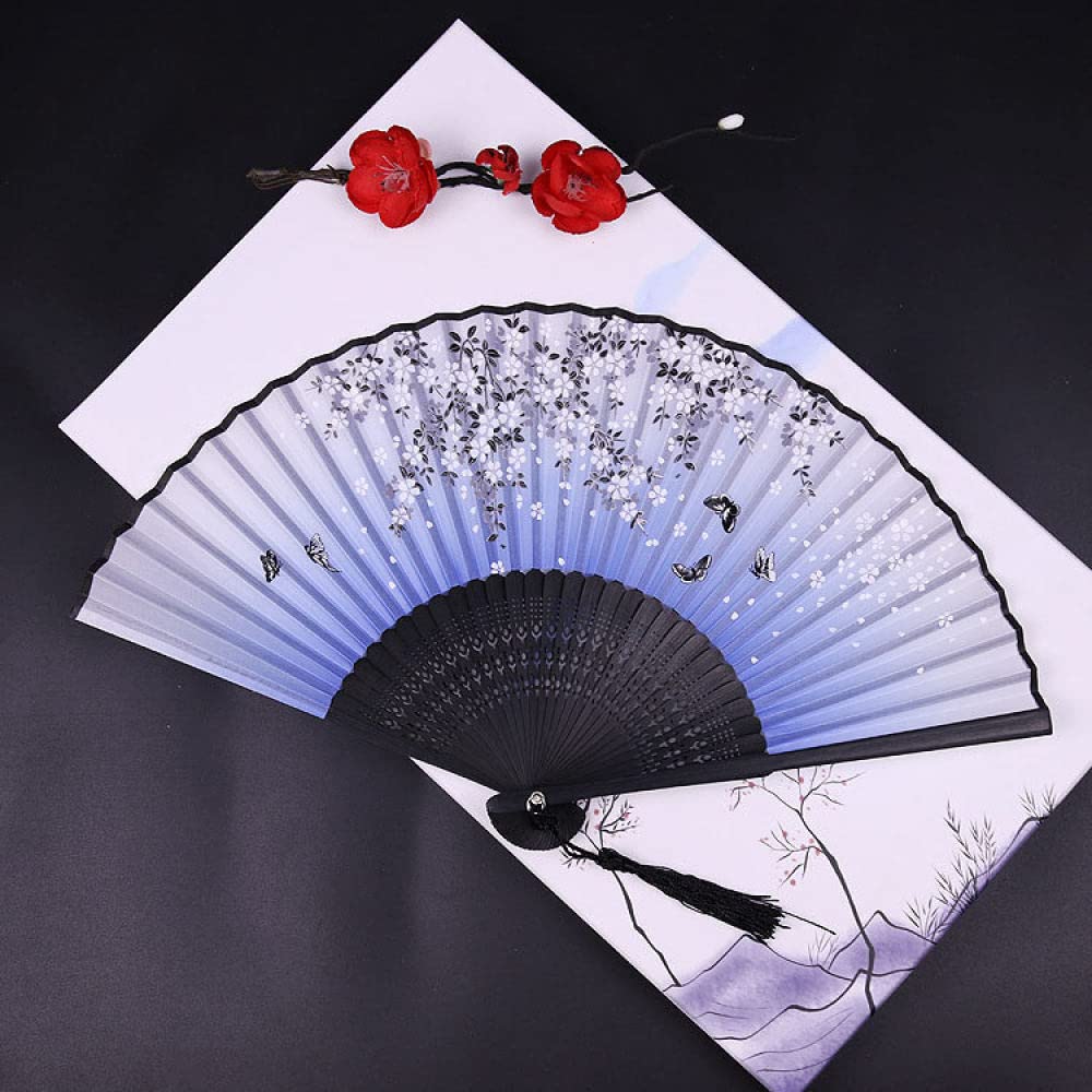 NZPOST Hand Fans For Women Foldable, Hand Held Fans Elegant Floral Butterfly Bamboo Fans Blue Gradient Silk Folding Fans With Tassel Handmade Chinese Fans For Dancing Party Wedding s Home