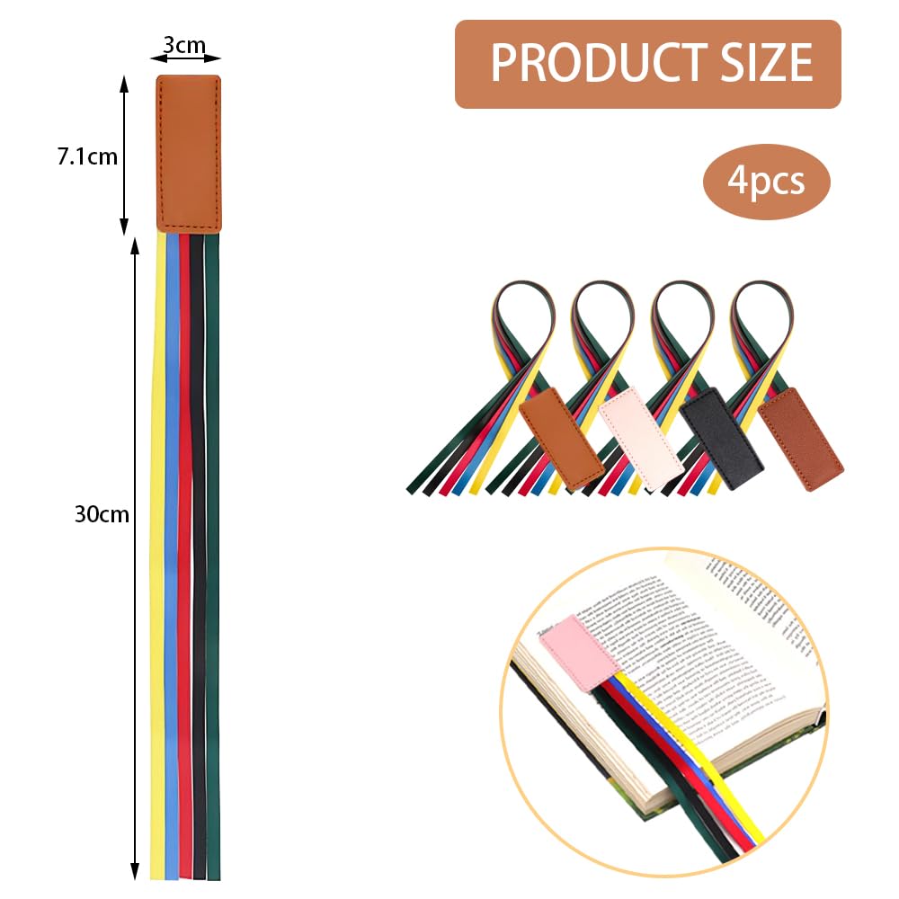 TRKETK 4 Pcs Ribbon Bookmark PU Leather Bookmarks Bible Ribbons Bookmarks Book Page Bookmark with Colorful Ribbon for Reading Books Organizing Books Journals and Notebooks Book Pages Markers - Image 2