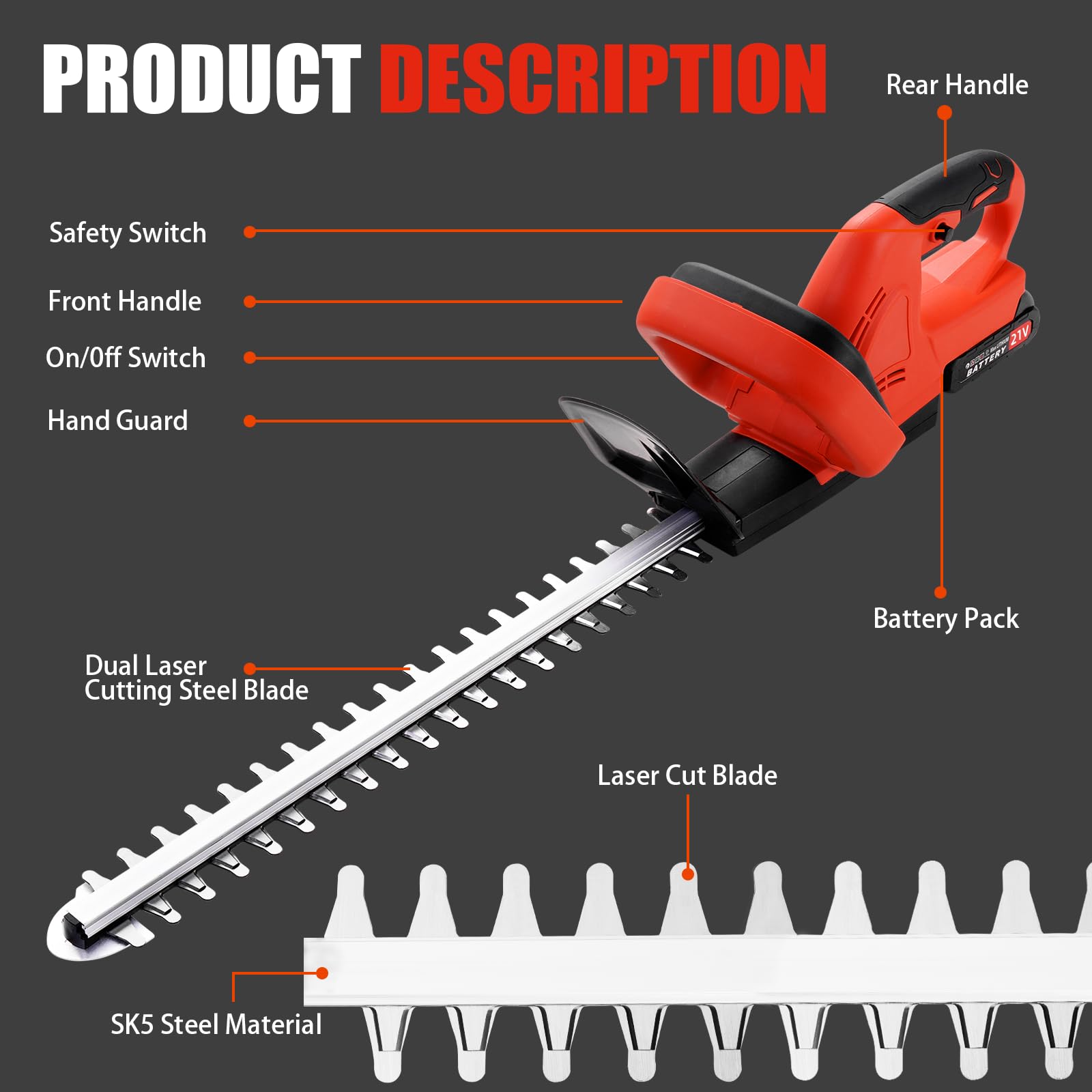 Cortasetos Inalámbrico de 21V con 2 * 3000 mAh Baterías y Cargador, Longitud de la Hoja de 51cm, Separación Entre Dientes, Eléctrico, para Podar Arbustos Mantenimiento del Jardín