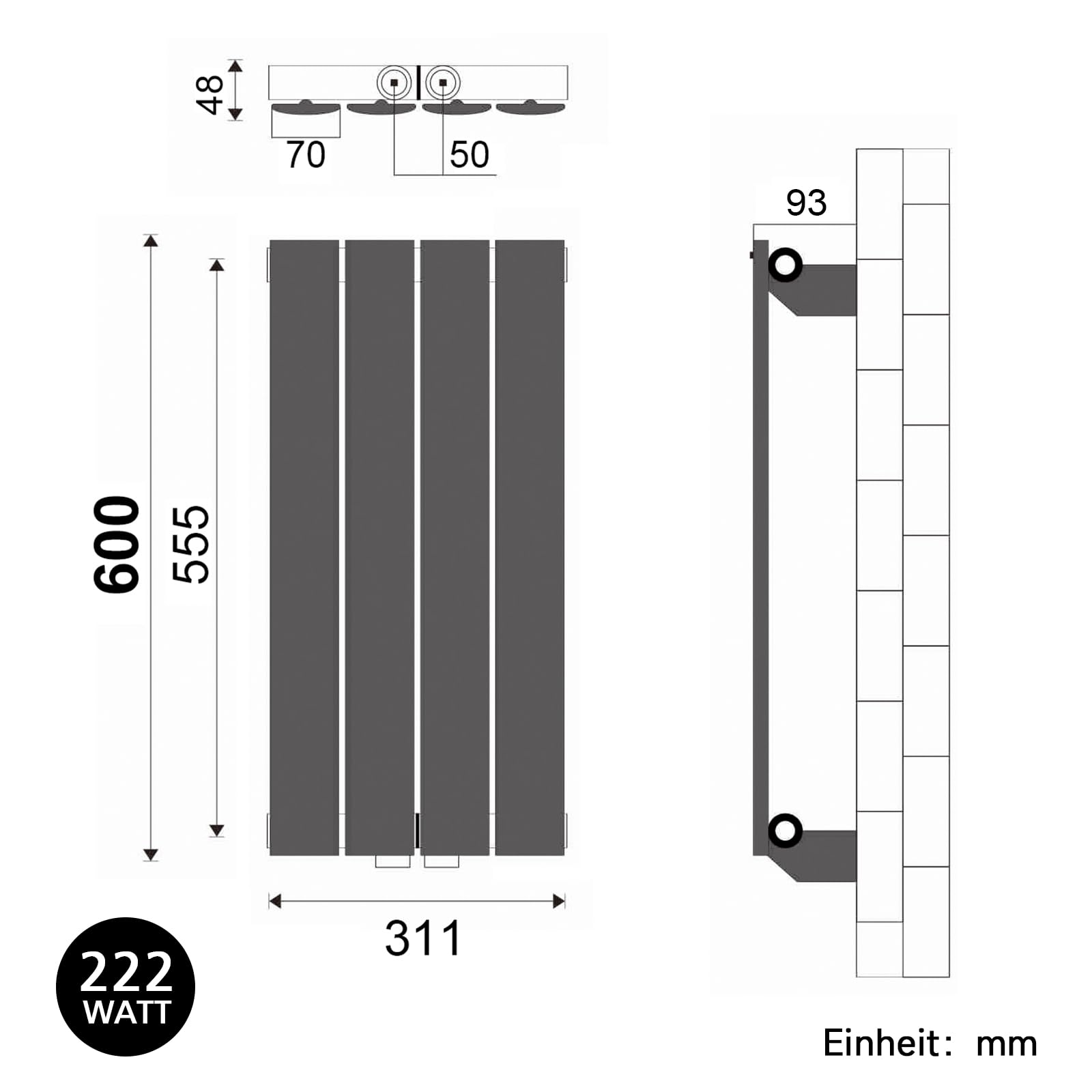 ELEGANT Heizkörper flach 600 x 311 mm Anthrazit klein vertikal Flachheizkörper für Badezimmer Badheizkörper einlagig Design Heizkörper mit Mittelanschluss