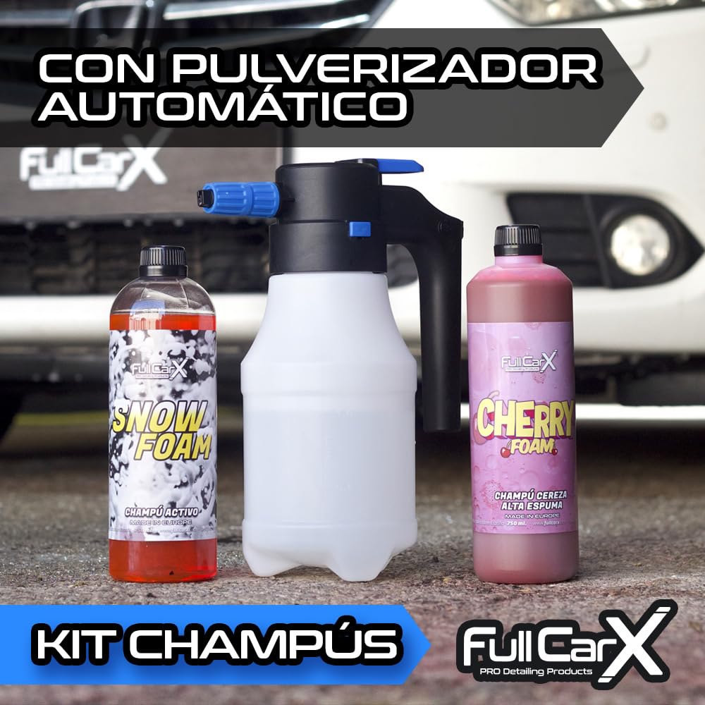 FULLCARX Kit Champús con Pulverizador a Presión Automático Eléctrico, Champú Espuma Activa Snow Foam PH Neutro, Champú Jabón Rosa Cherry Foam, Limpieza Exterior Coche, Productos Detailing Profesional