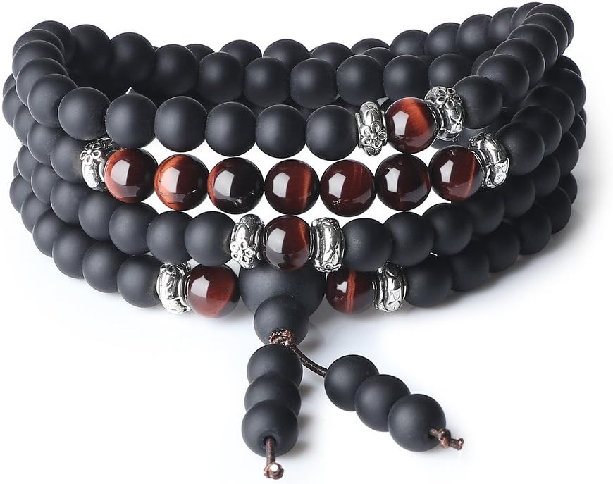 COAI Tibetan 108 Mala Beads Red Tiger Eye Matte Onyx Stone Wrap Bracelet Necklace
