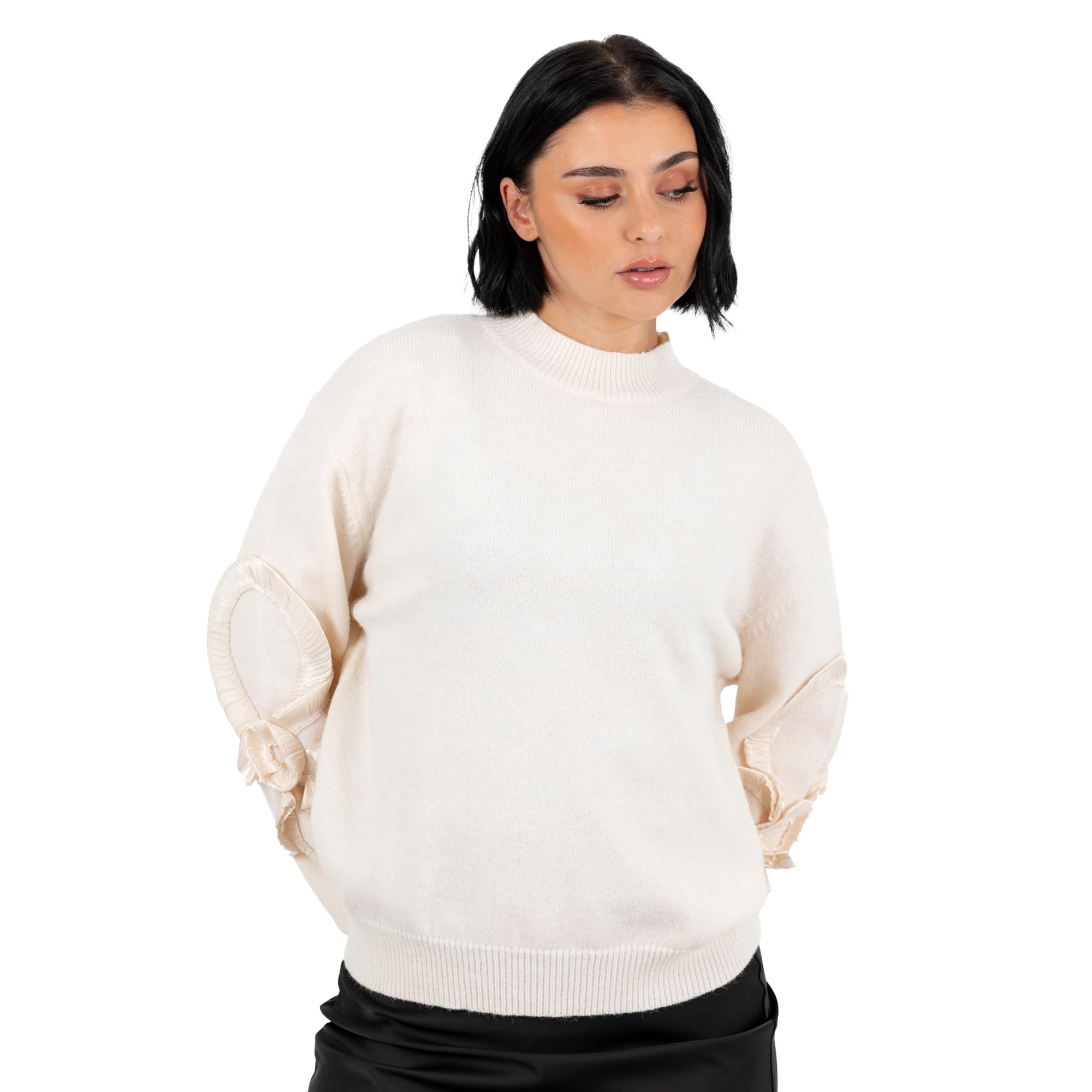 Lovedrobe Women's Jumper Ladies High Neck Satin Floral Squiggle Appliqué Sleeve Sweater Ribbed Cuffs Hem Pullover Knitwear Top, Cream 12-14