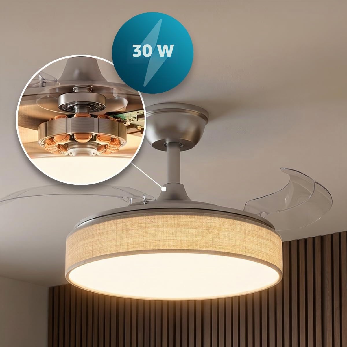 Cecotec Ventilatore da Soffitto con Luce con 3 Pale Retrattili EnergySilence Aero 3666 Invisible Textile. 30W, Motore DC, Diametro 36", 3 Toni LED, Telecomando, 6 Velocità, Timer, Design In Tessuto