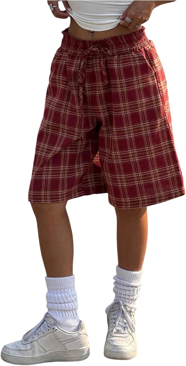 WDIRARA Women's Plaid Bermuda Shorts Wide Leg Shorts Y2k Vintage Streetwear