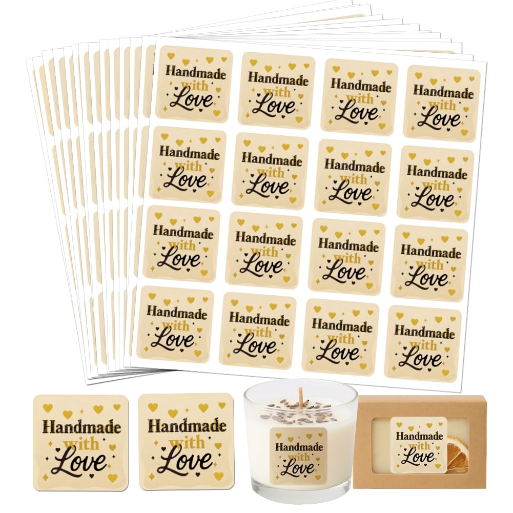 GOMAKERER 320 Pcs Homemade with Love Stickers, Gold Foil Heart Home Made Labels Canning Labels Stickers Self-Adhesive Sticker for Packaging Cookie Bags Containers Businesses Gifts, 5 CM