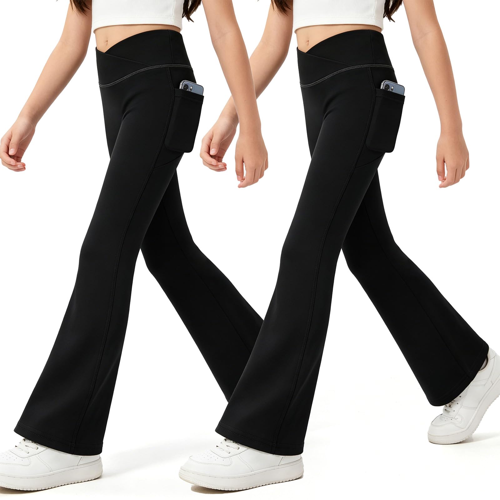 KAKU NANU Set di 2 Leggins Bambina 7-14 Anni V Cross Life Alta con 2 Tasche Sportivi Palestra Yoga Leggings