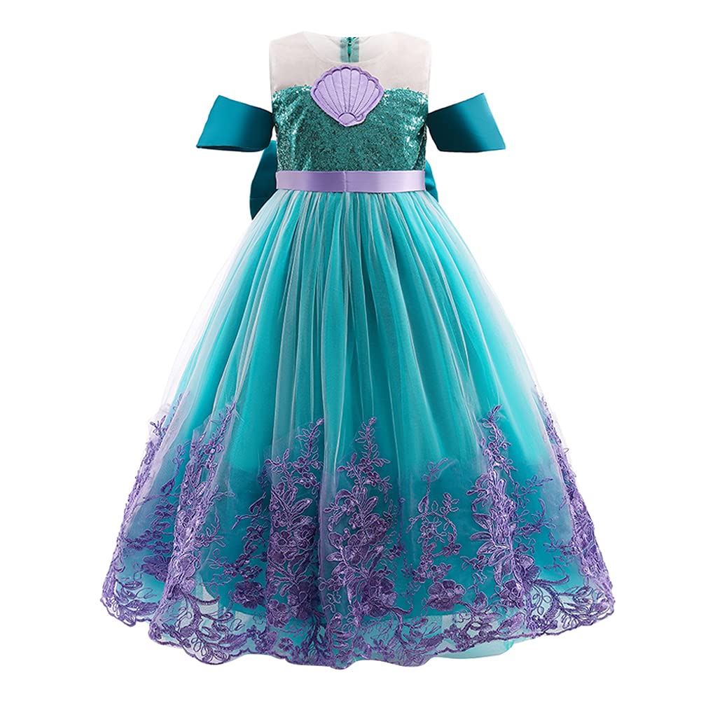 ODIZLI Kids Girls Little Mermaid Costume Ariel Princess Fancy Dress Up Birthday Party Halloween Christmas Carnival Cosplay Dresses + Crown + Jewelry Fairy Tales Outfit Set Dark Green 7-8 Years