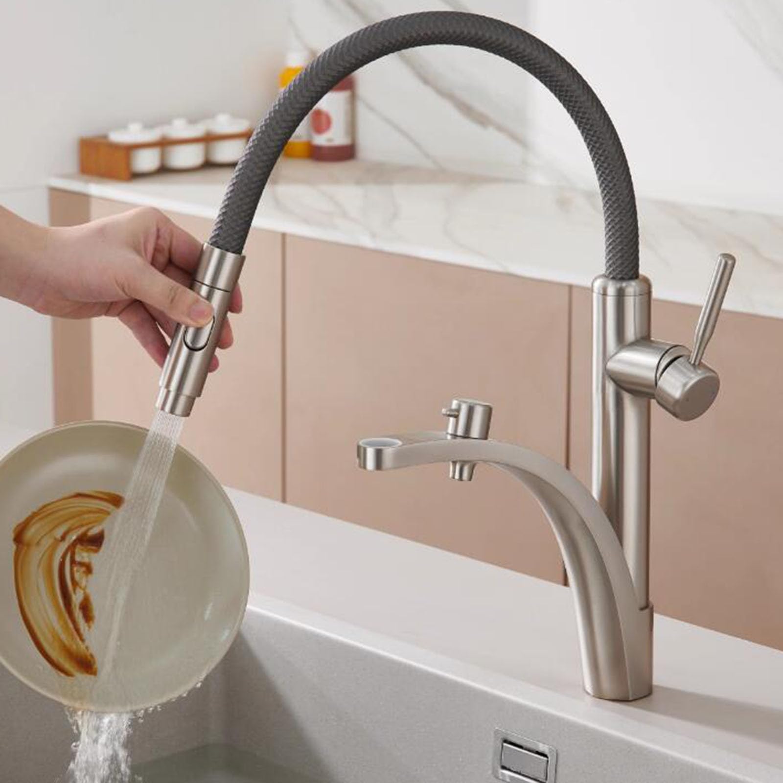 Flexibler 3-Wege-Wasserfilterhahn – Küchenarmatur aus gebürstetem Messing für einfache Filtration und verbesserte Hygiene