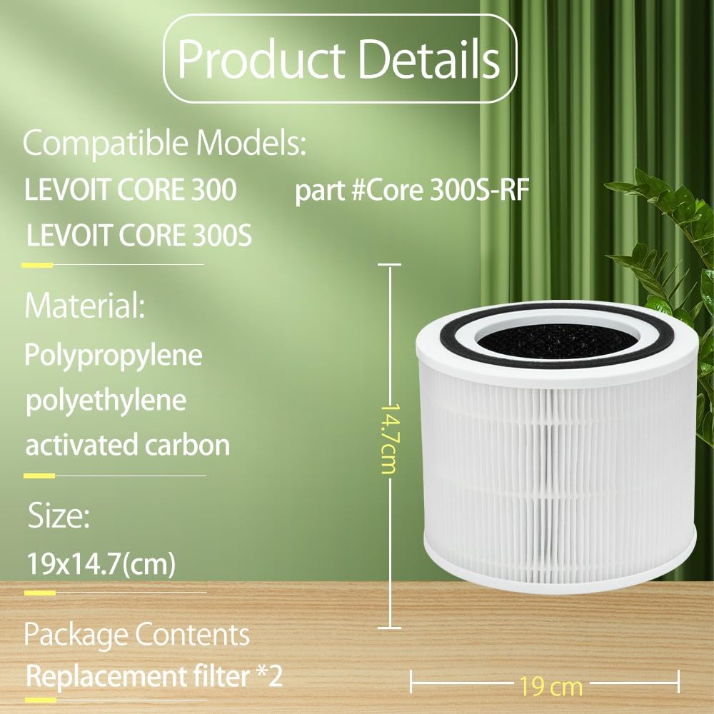 2 filtros de repuesto para purificador de aire Levoit Core 300/Core 300S/P350, filtración de 3 niveles, repuesto Core 300-RF