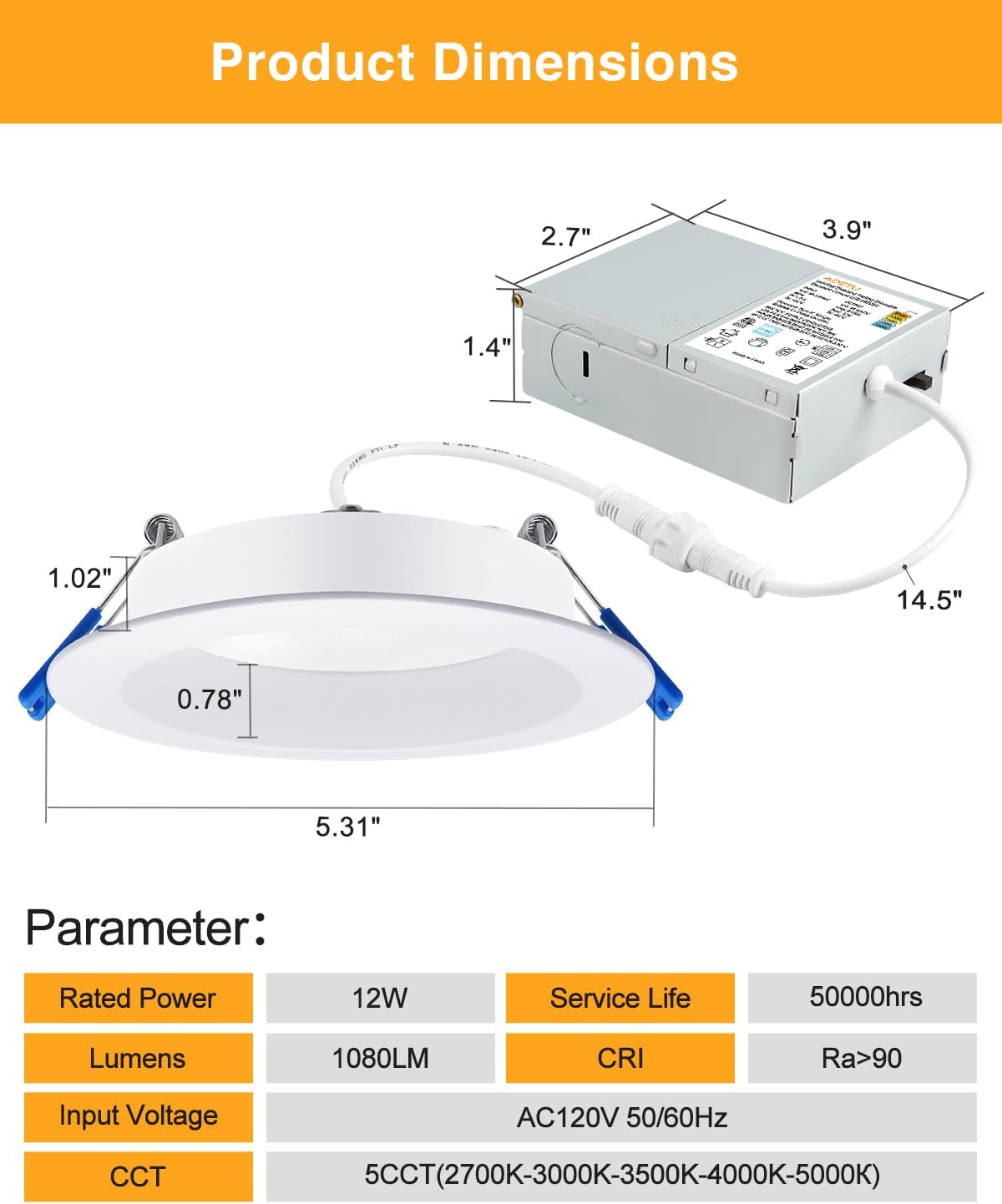 Adetu 4 Inch Anti-Glare LED Downlight,Dimmable Ceiling Light with 5CCT Reset,Selectable from 2700K to 5000K - 12W 1080LM, ETL Certified (White, 12 Pack Round)