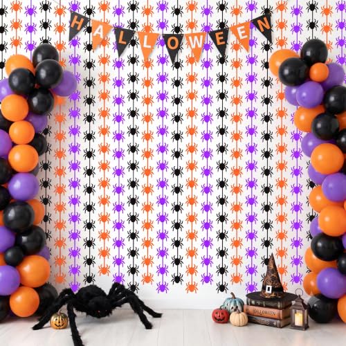 Image of TONIFUL 2Pcs Black Orange Purple Spider Cutout Metallic Foil Fringe Curtain | 3.3ftx6.6ft Photo Booth Backdrop Door Tinsel Streamers Curtains, Props for Halloween Birthday Haunted House Party Decorations