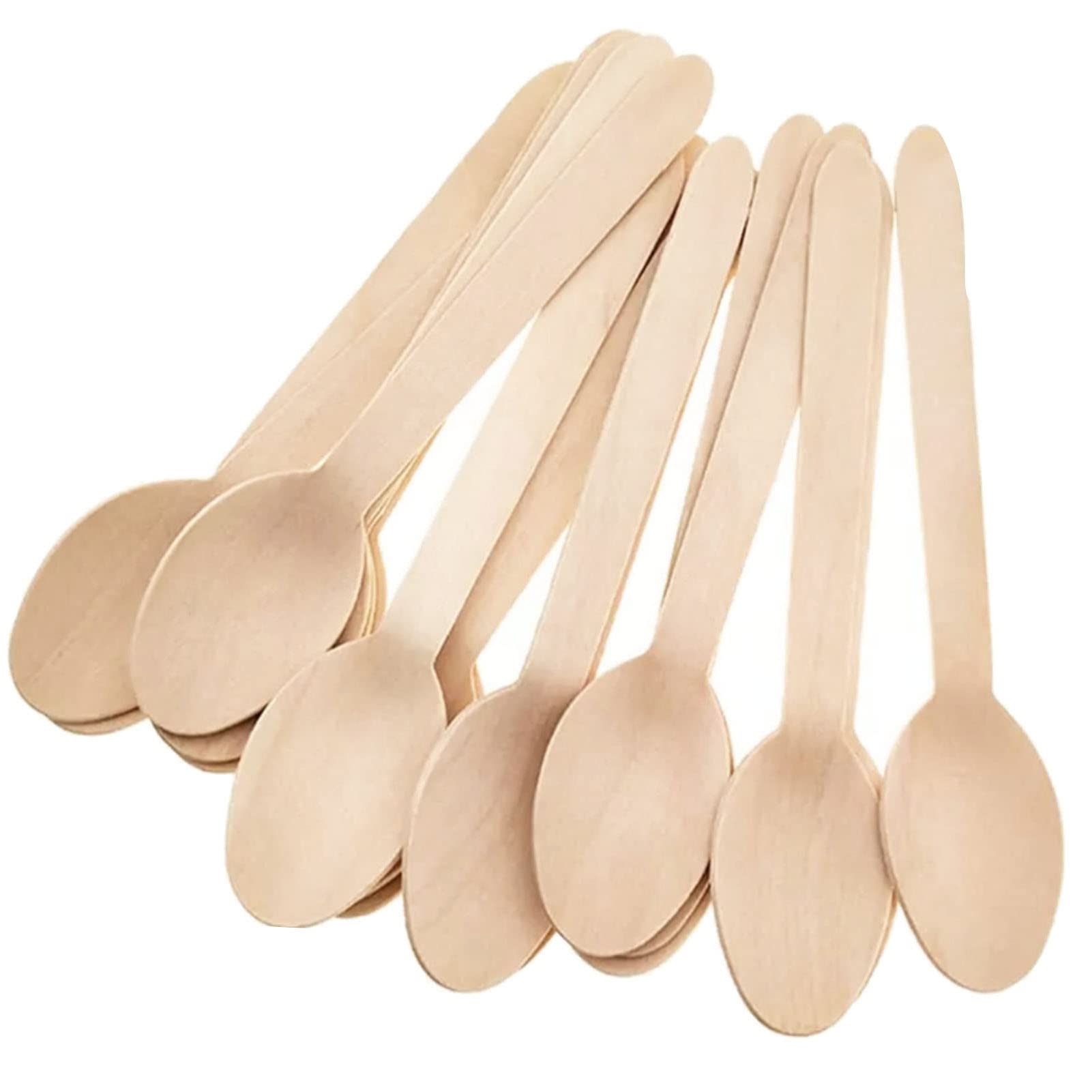 Plenti Supply 100 pack Wooden Spoons Disposable A-Grade cutlery, Compostable, Birch Wood Spoons 6.3 inch length, Eco-friendly