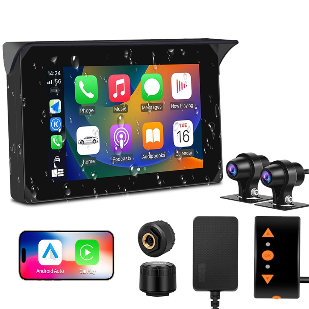 Dashcam per moto VSYSTO, 5,0 pollici, impermeabile, touchscreen per auto e Android con doppia telecamera anteriore e posteriore 150°, 1080P, visione notturna, navigazione GPS, telecomando (CS5-Pro)