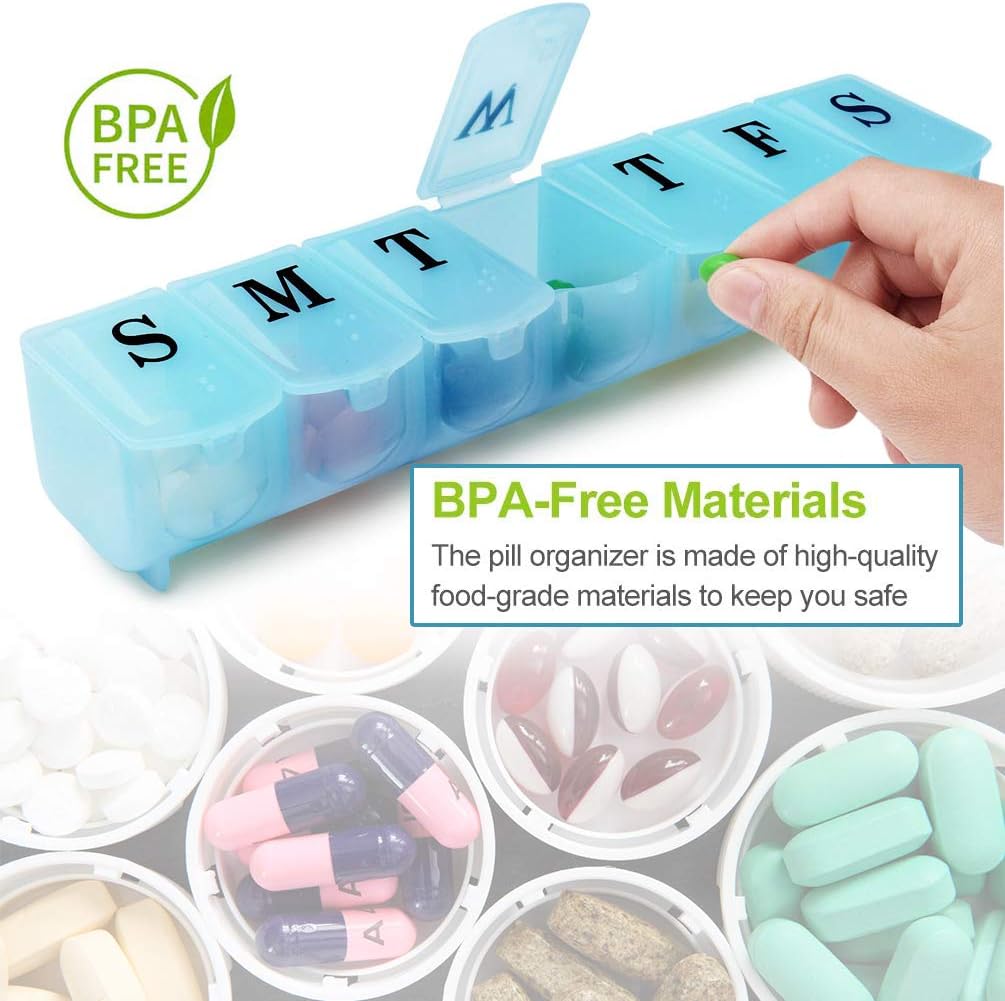 7 Day Pill Cases, Weekly Pill Box with Seven Compartments, Pill Organizer Hold Vitamins, Cod Liver Oil, Pills (Blue)