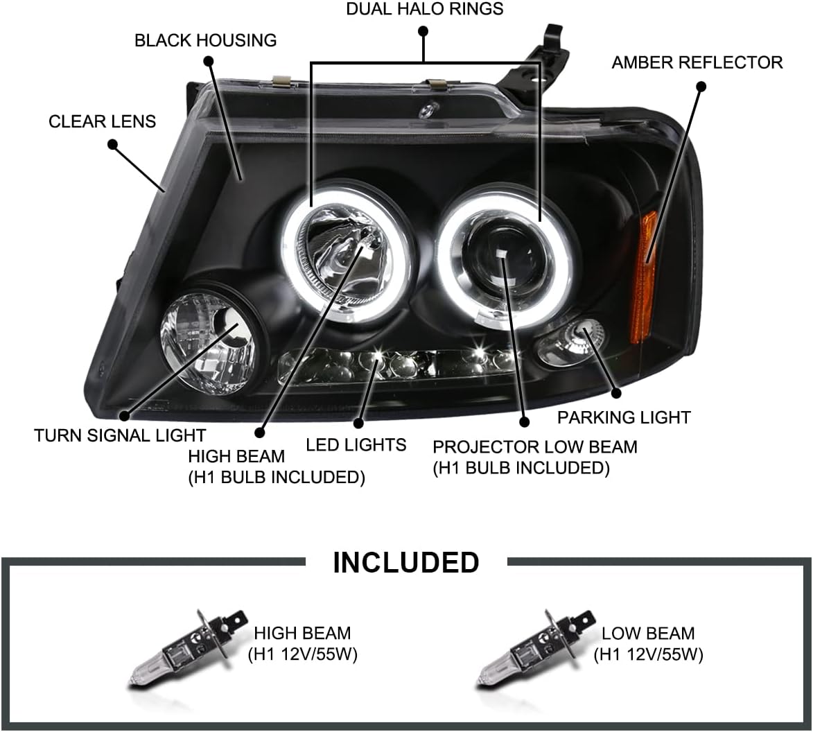 SPEC-D TUNING Dual Halo Projector Headlights Black Compatible with 2004-2008 Ford F-150, 2006-2008 Lincoln Mark LT, Left + Right Pair Headlamps Assembly