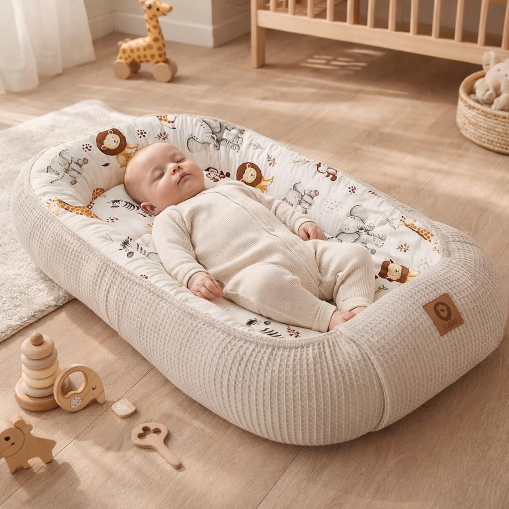 Babynestchen Neugeborene – Nestchen Baby aus Waffel Baumwolle & Baumwollstoff – Babynest für Babybett & Kinderbett – Baby Kokon Tragbar – OEKO-TEX zertifiziert – Zubehör für Babybett - ZOO und Sand