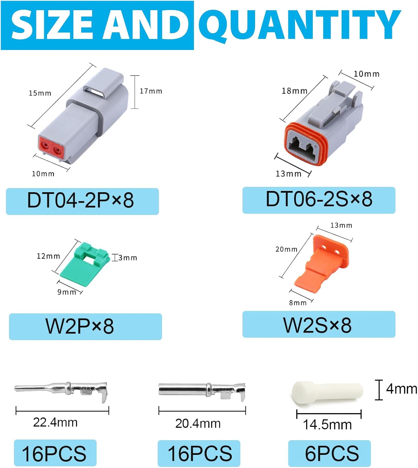 Deutsch DT 2 Pin Connectors 8 Set, Waterproof Electrical Automative DT Connector Kit with Size 16 Stamped Contacts and Seal Plug Gauge 14-20 AWG Wire for for Car Truck Boat