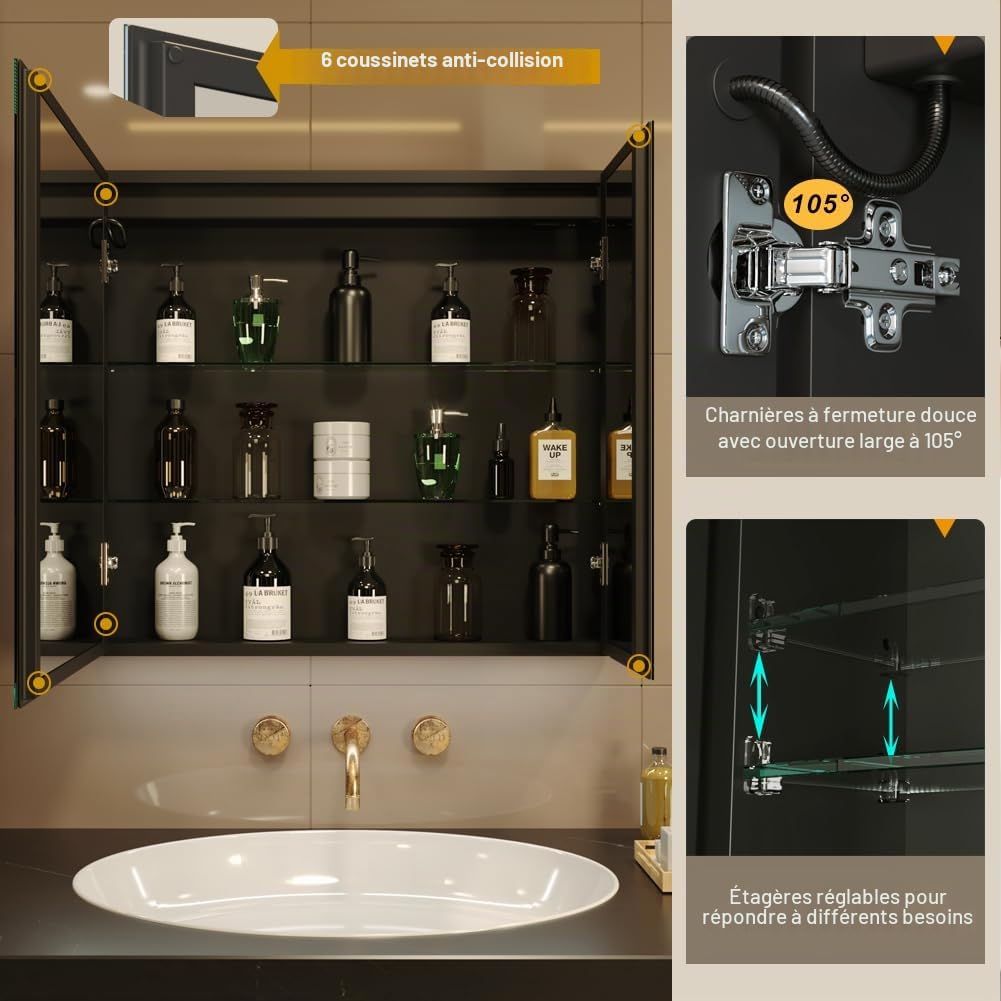 KWW LED éclairage Salle de Bains Armoire à Pharmacie avec Miroir, Température de Couleur réGlable, Anti - Buée Gradateur, Prise et USB, Armoire à Pharmacie Miroir Mural (2 portes-80×70)