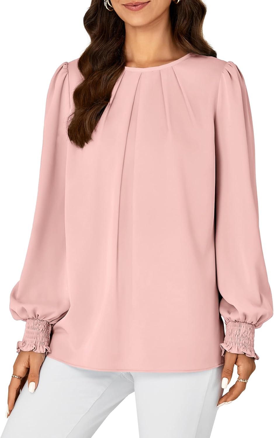 Vrtige Women's Dressy Casual Pleated Crew Neck Long Sleeve Shirt Office Work Chiffon Blouse Tops - Image 3