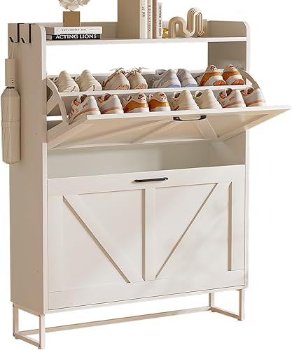Miniatura 9 de EOYUTLLY Zapatero para entrada con 2 cajones abatibles, armario estrecho de madera para almacenamiento de zapatos con patas de metal, capacidad para