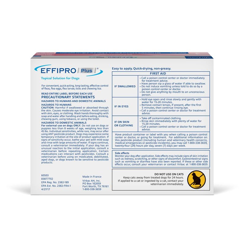 Effipro Plus Topical Solution for Dogs – Dog Flea and Tick Treatment for Large Dogs (45-88.9lbs), 3 Doses, Waterproof Topical Prevention (by Virbac) Effipro Plus Topical Solution for Dogs – Dog Flea and Tick Treatment for Large Dogs (45-88.9lbs), 3 Doses, Waterproof Topical Prevention (by Virbac)