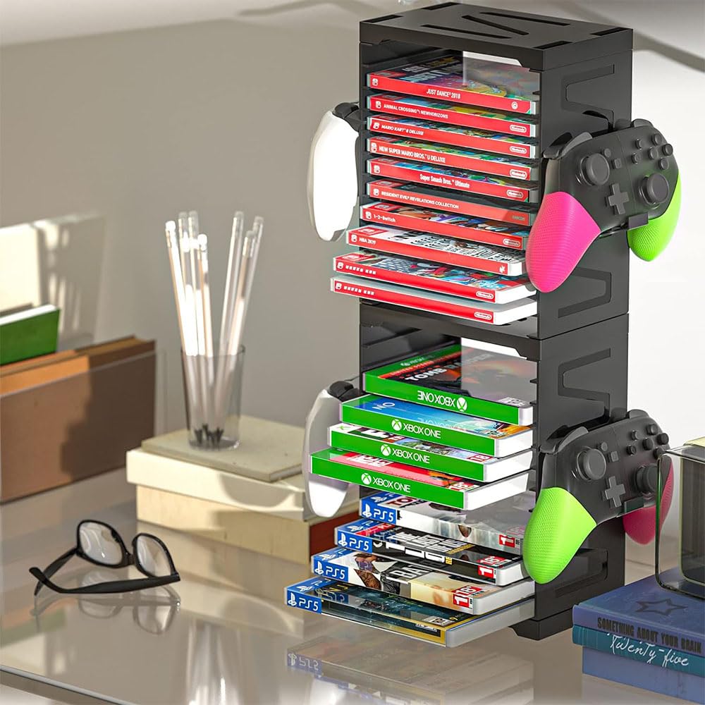 Wieża do przechowywania gier dla PS5, PS5 Przechowywanie płyt CD z grami, stojak na 24 płyty CD i 4 kontrolery dla SWITCH, Xbox Series S & X, Xbox One, PS4, PS3, Blu Rays