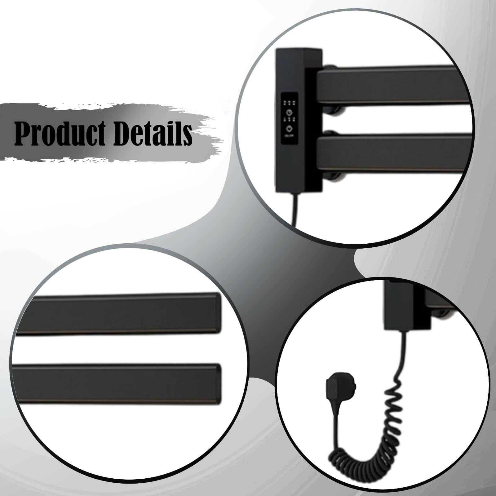 Scaldasalviette Elettrico Supporto Salviette Elettrico Doppia Barra Asciugatura Rapida Impermeabile Alluminio Adatto per Bagno Doccia Spa, Nero