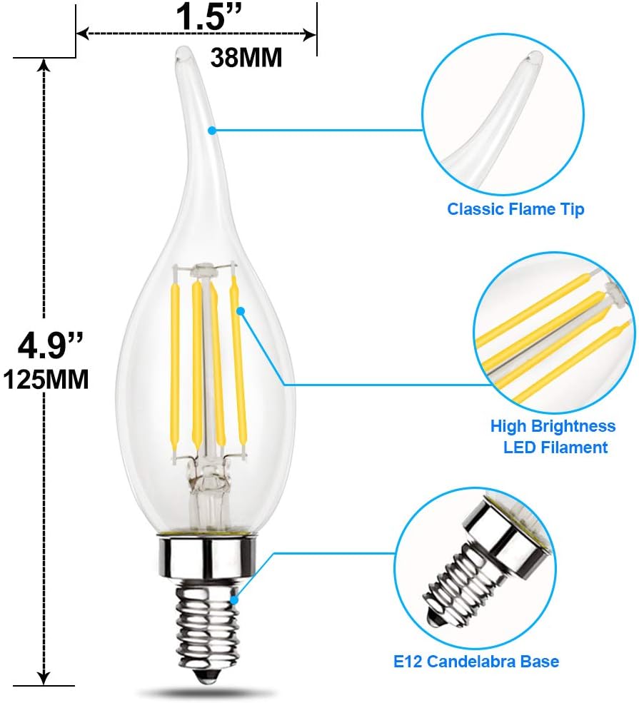 Energetic 60 Watt Dimmable E12 LED Chandelier Light Bulb, 5000K Daylight CA11 Vintage Filament LED Candelabra Bulb, CRI90+ 500lm, Suitable for Ceiling Fan, Kitchen, Bathroom, Living Room(12 Pack)