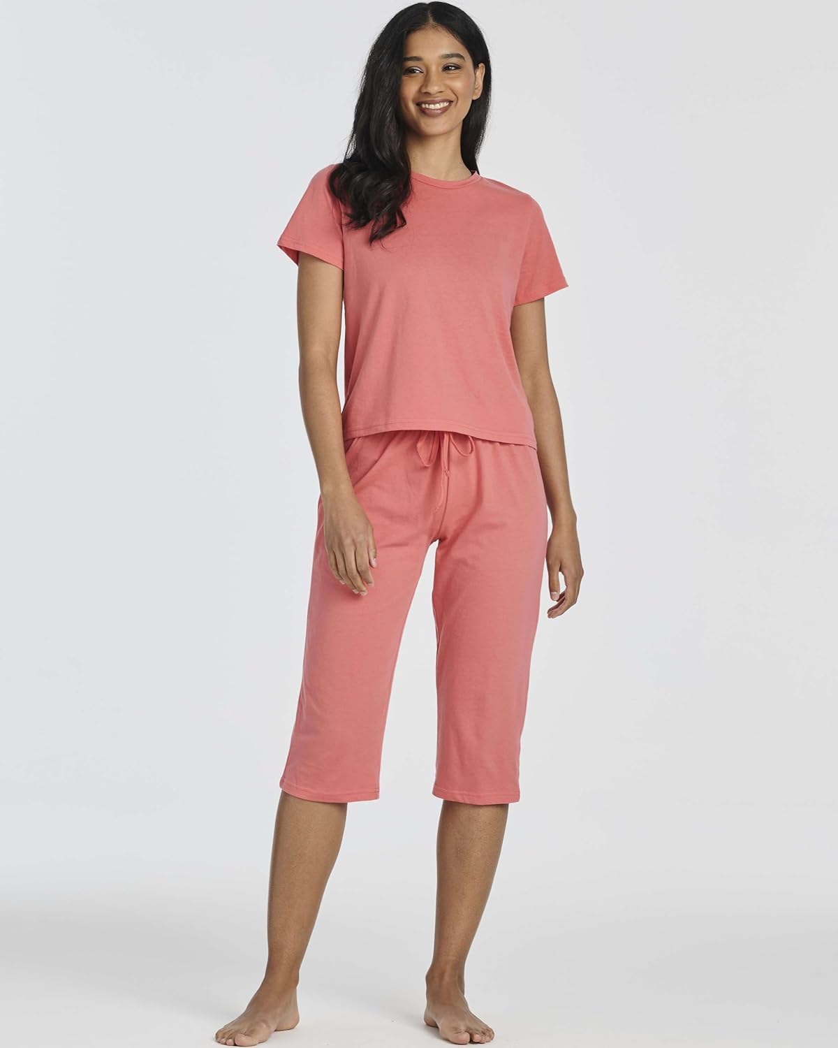 Real Essentials 2 Pack: Women's Cotton Short Sleeve Top and Capri Pants Pajama Lounge PJ Sets with Pocket (Available In Plus) - Image 6