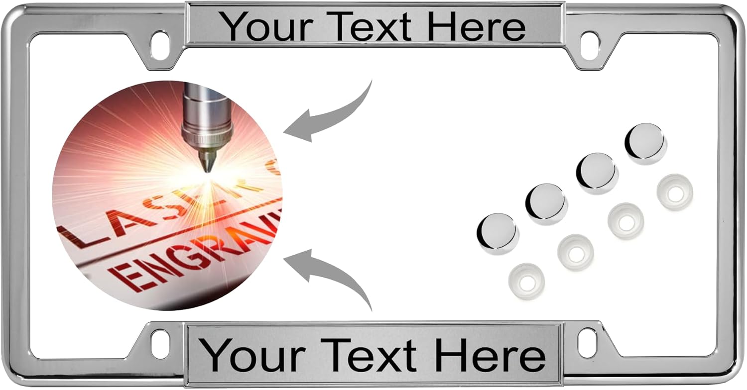 Personalized with Custom Text Design - Thin Top | Narrow Top 4 Hole Chrome Metal Laser Engraved Standard Size - Car/Automobile License Plate Frame with Free caps - Silver/Black Text (Qty: 1 Frame)