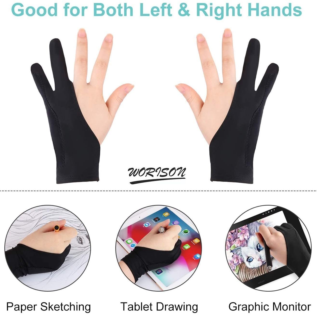 Worison Artist Two-Finger Glove for Pencil Sketching, Watercolours Painting and Graphics Drawing Tablet 1pc (Free Size), Black 2