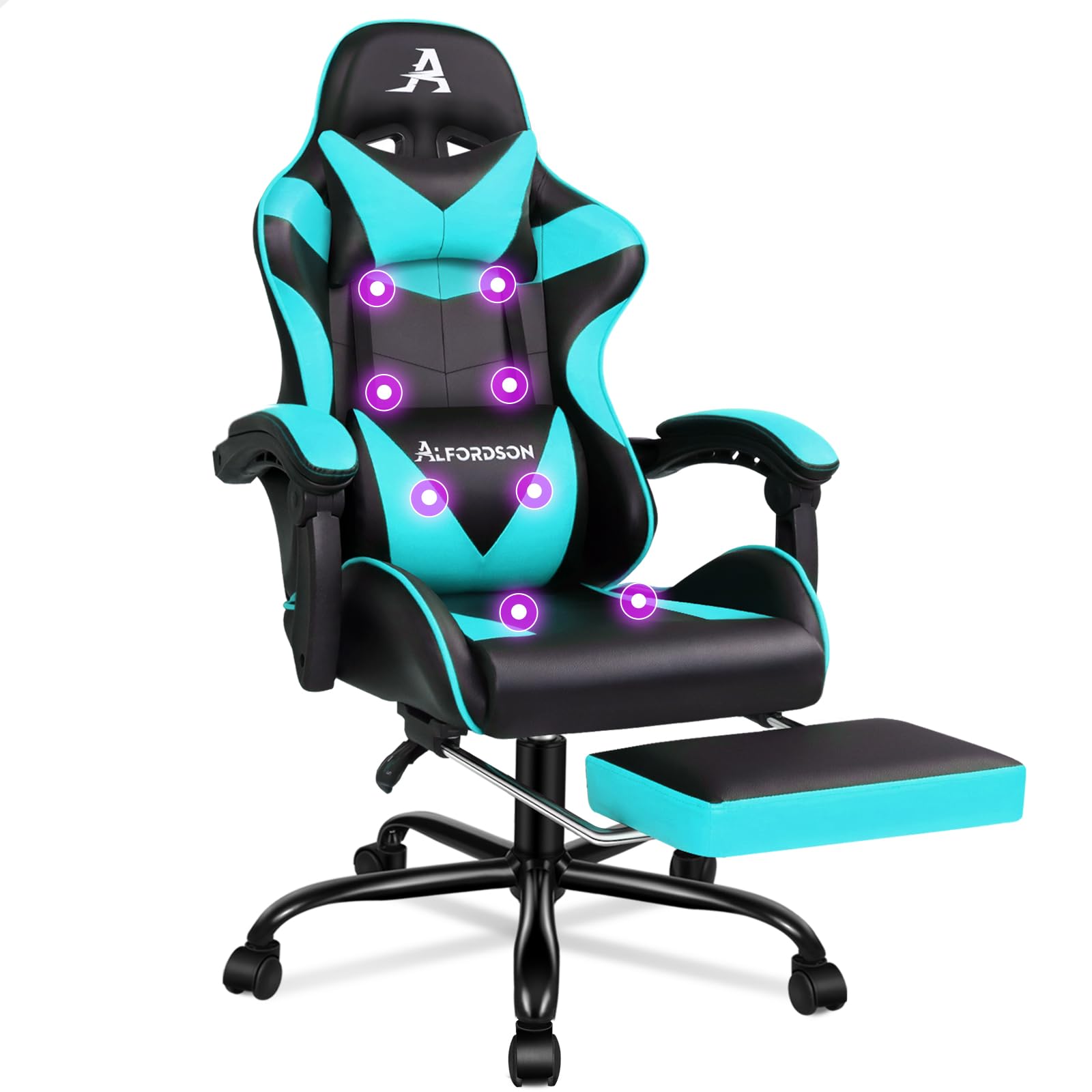ALFORDSON Silla Gaming Profesional con Masajeador, Silla Ergonómica Gamer, Altura Regulable Silla con Apoyo Lumbar y Reposacabezas, Respaldo Inclinable hasta 150°, Giratoria de 360°, Cuero PU(Cian)