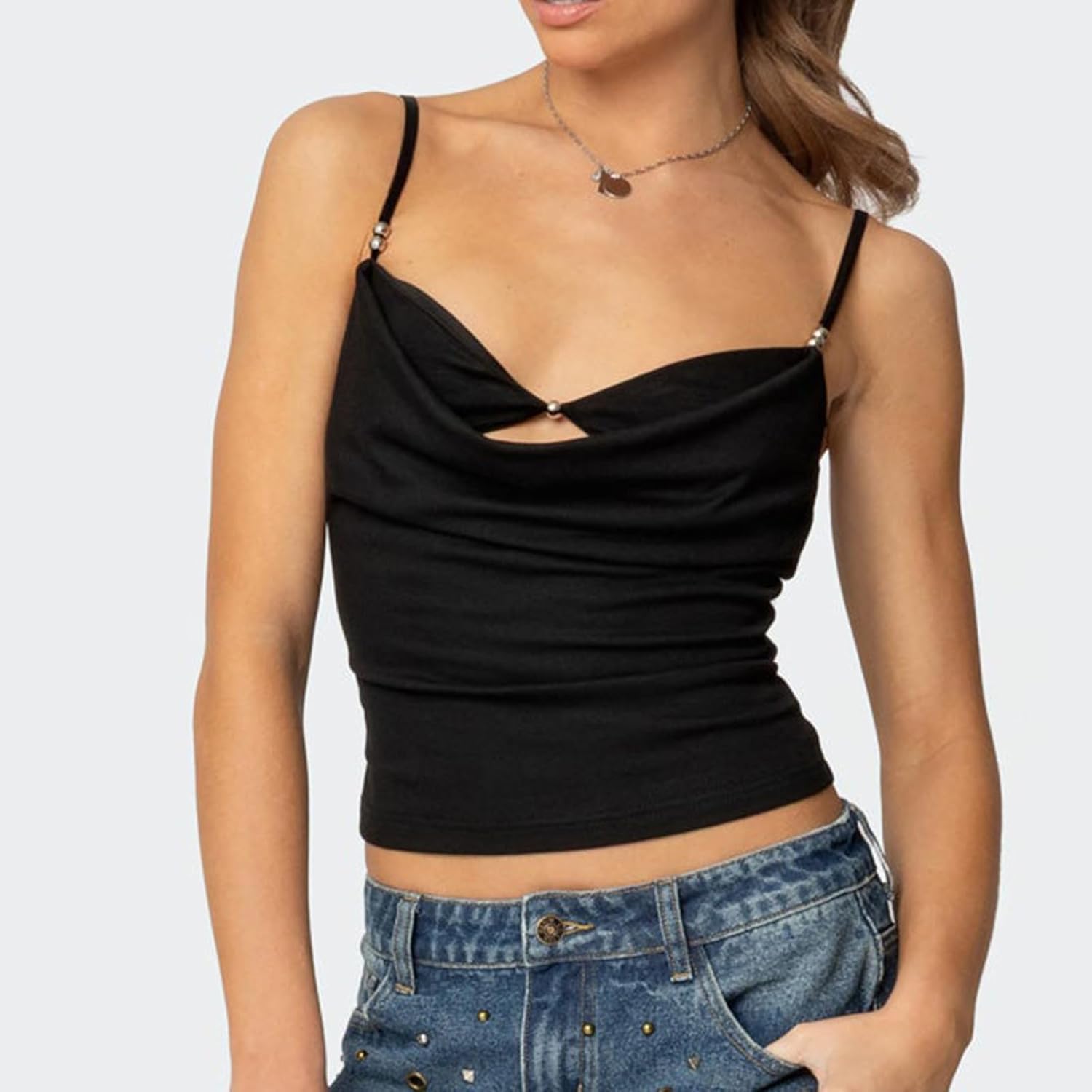 Women Y2K Spaghetti Strap Tank Top Sleeveless Draped V-Neck Neck Hollow Out Front Solid Color Slim Fit Crop Camisole - Image 2