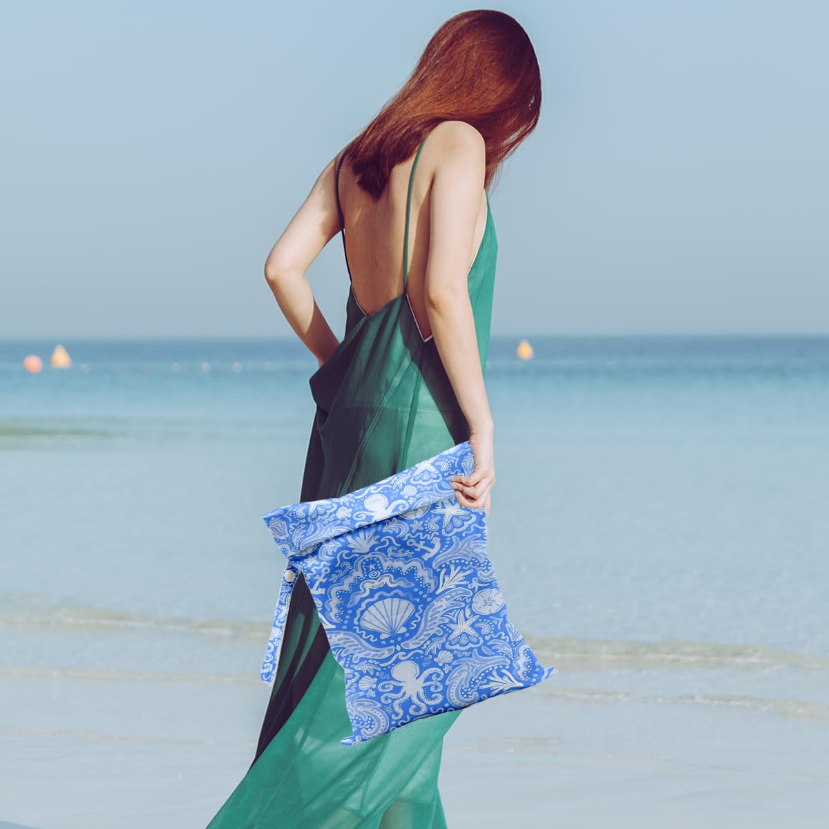 Waterproof Wet Dry Bag Wet Bag for Swimsuit, Travel, Cosmetics Dirty Cloth, Pool Yoga Gym Makeup Bags, Reusable Travel Beach Bags (Nautical Watercolor Seashell Decor)