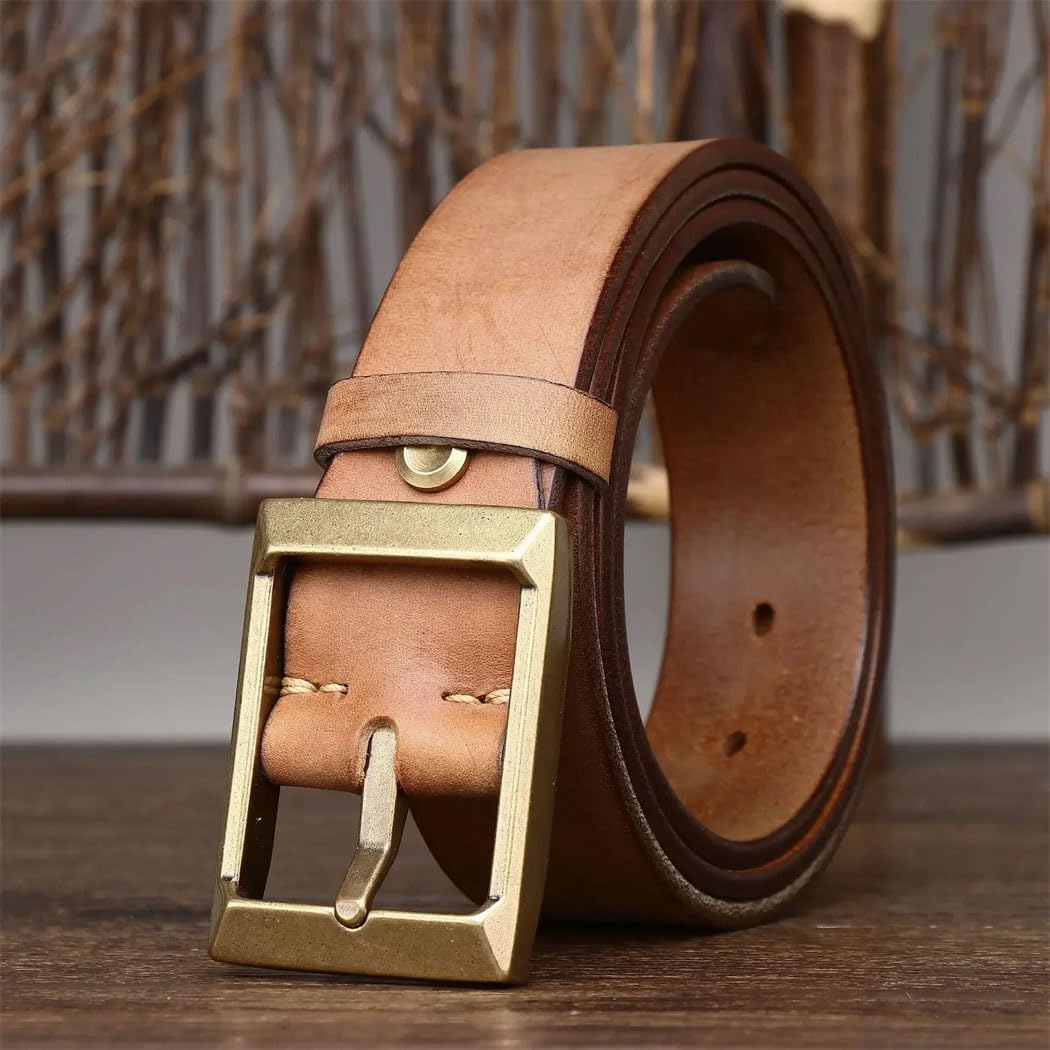 Men's Belt - 3.9 cm Thick Top-Grain Leather with Copper Buckle, Vintage Cowboy Design