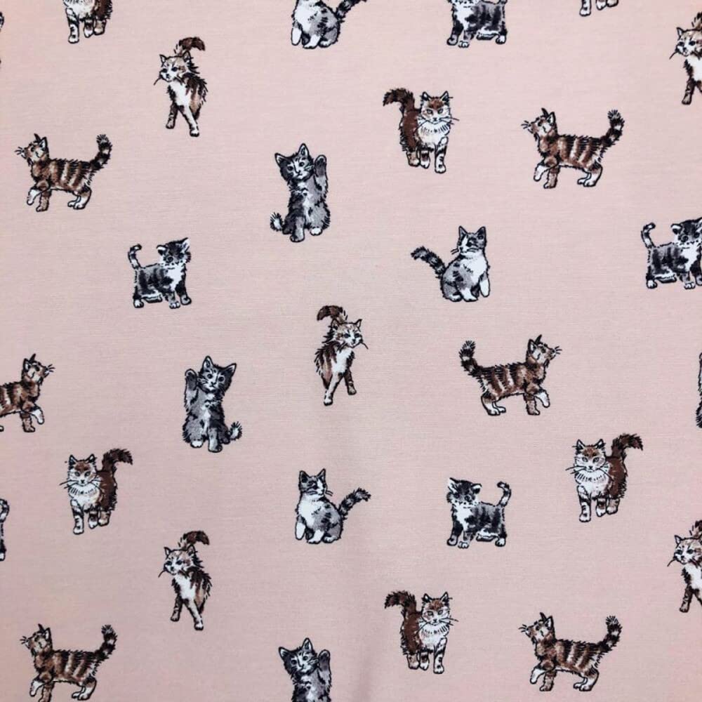 Cotton Rich Linen Look Fabric Playful Shabby Cats Kittens Curtain Upholstery - Per Metre (Pink)
