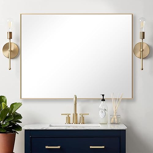 Espejo de baño dorado naranja de 30 x 40 pulgadas para pared, espejo rectangular de tocador con marco de aluminio, moderno grande para dormitorio,