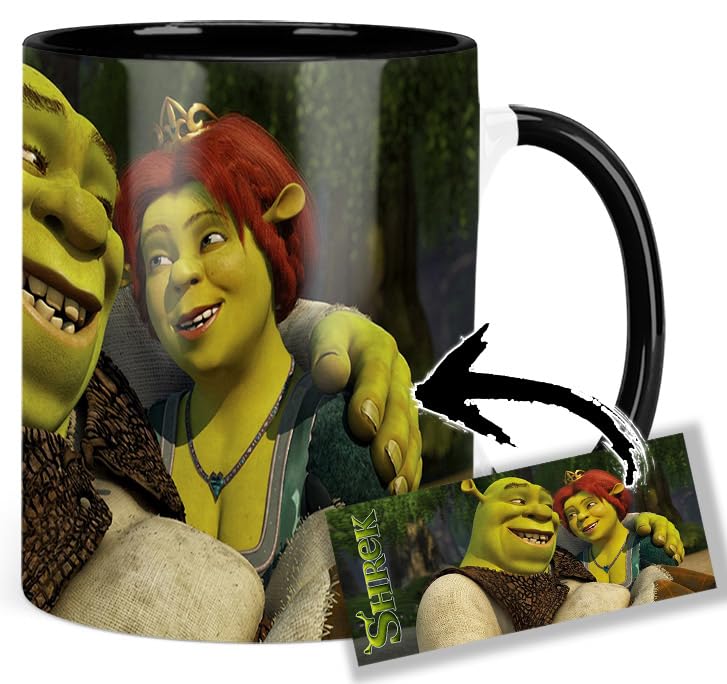 Shrek & Fiona Taza Interior y Asa Negra Ceramica Mug