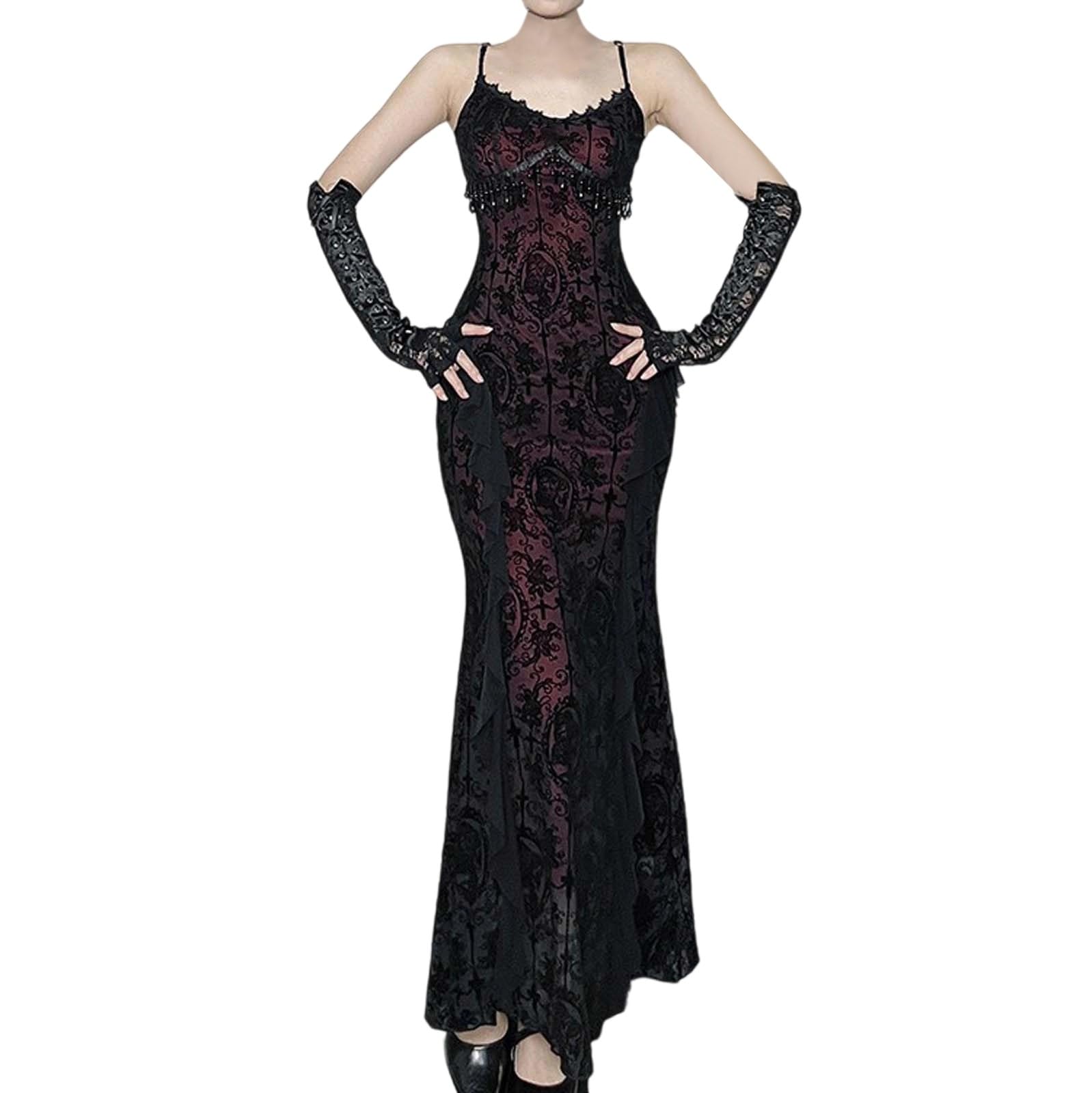 Vestido gótico con tirantes para mujer, vestido largo de encaje con escote sin mangas y detalle central, silueta formal para disfraz de fiesta de vampiro, festivales de otoño, reuniones temáticas