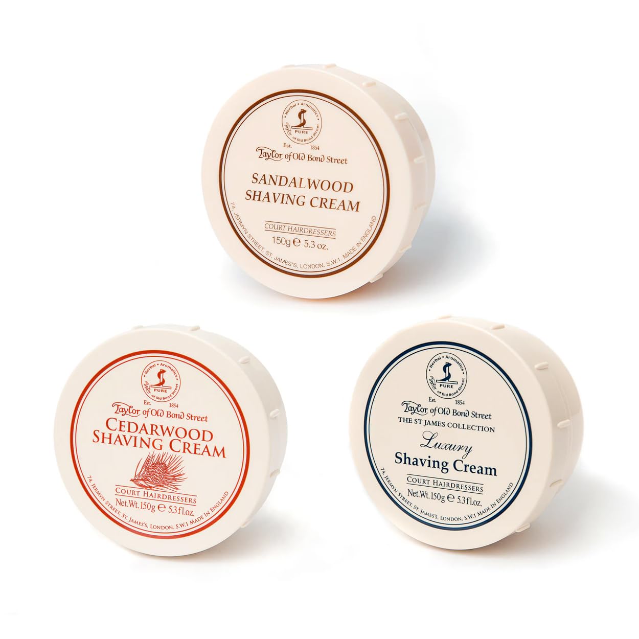 Taylor of Old Bond Street Luxury Shaving Cream Trio – Sandalwood, Cedarwood, & St James (3 x 150g Bowls)