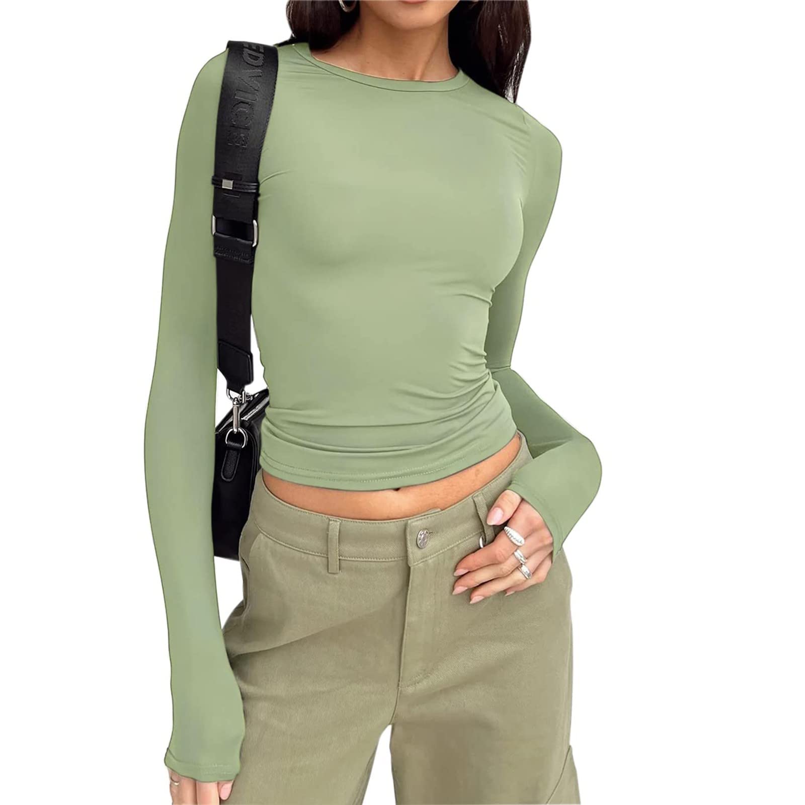 Camiseta básica elegante para mujer, manga larga, cuello redondo, ajustada, recortada, brillante