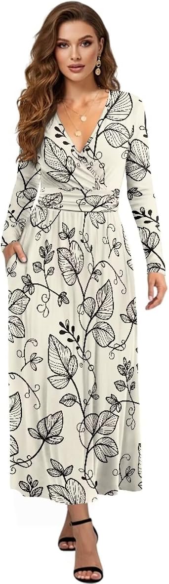Women Long Sleeve Deep V Neck Loose Plain Long Maxi Casual Dress with Pockets