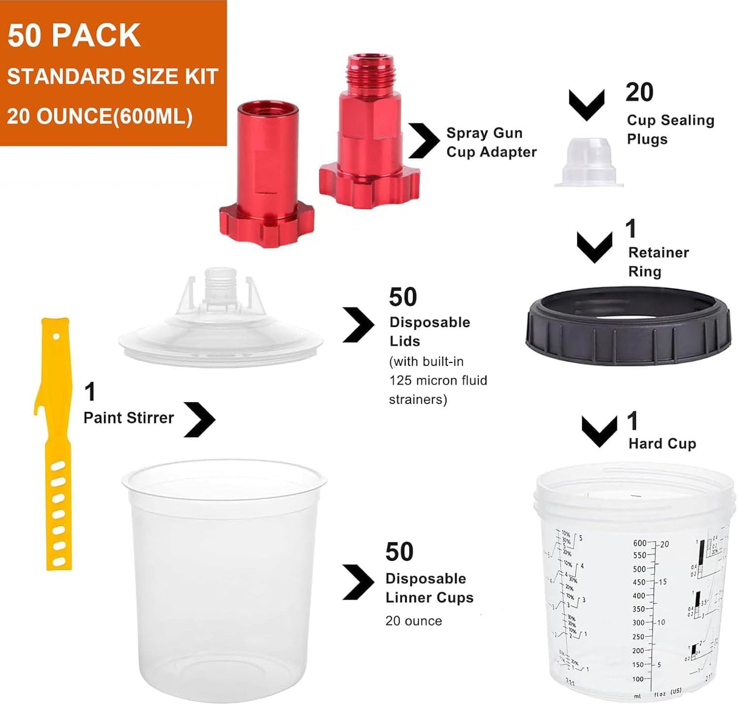 DAXINYANG Disposable Paint Gun Cup, Paint System for LVLP and HVLP Paint Spray Paint Gun, 20 Ounce (600ml) Kit - 50 Cups and Lids, 20 Plugs,1 Hard Cup withRetainer Ring, 2 Cup Adapter